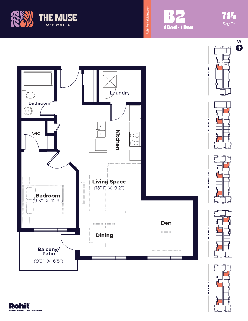 Floor plan for 1 bed, 1 bath, 714 sqft